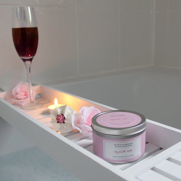 Northumbrian Candleworks - English Rose - Tin Candle in Bath with Wine