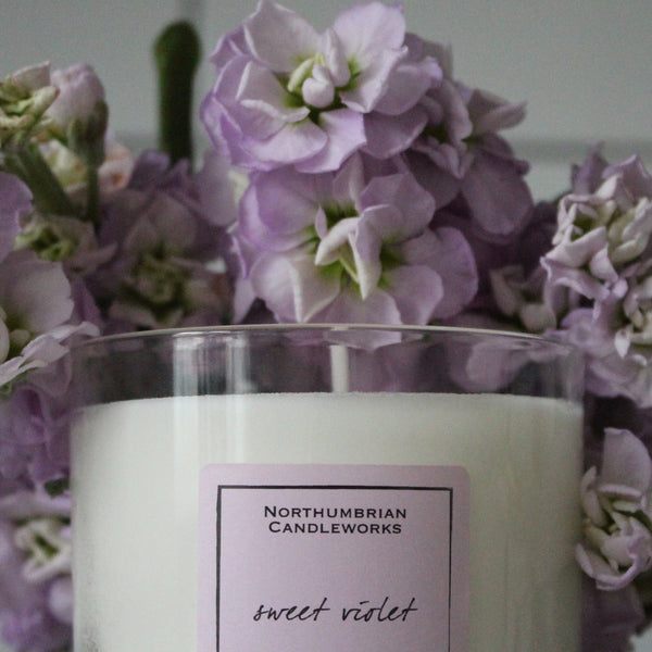 Northumbrian Candleworks - Sweet Violet - Candle in a Glass Jar with Flowers