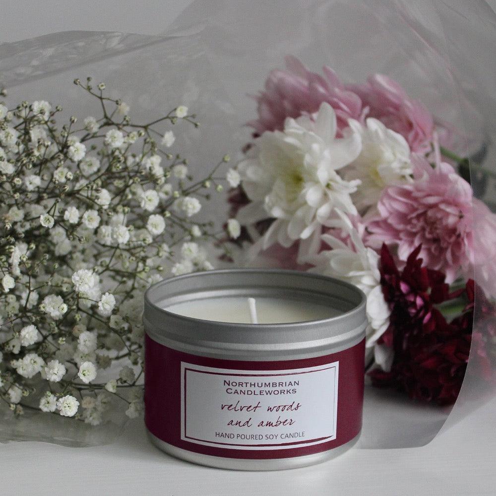 Northumbrian Candleworks - Velvet Woods & Amber - Candle Gift with Flowers