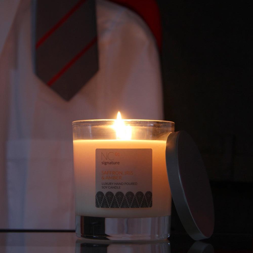 Northumbrian Candleworks - Saffron Iris & Amber - Ironing Uniforms with Candle in a Glass Jar