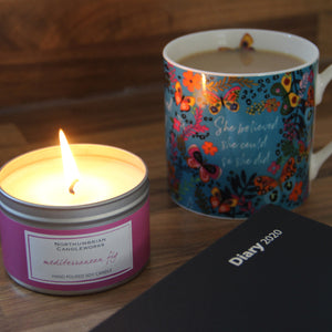 Northumbrian Candleworks - Mediterranean Fig - Candle in a Tin with Cup of Tea and Diary