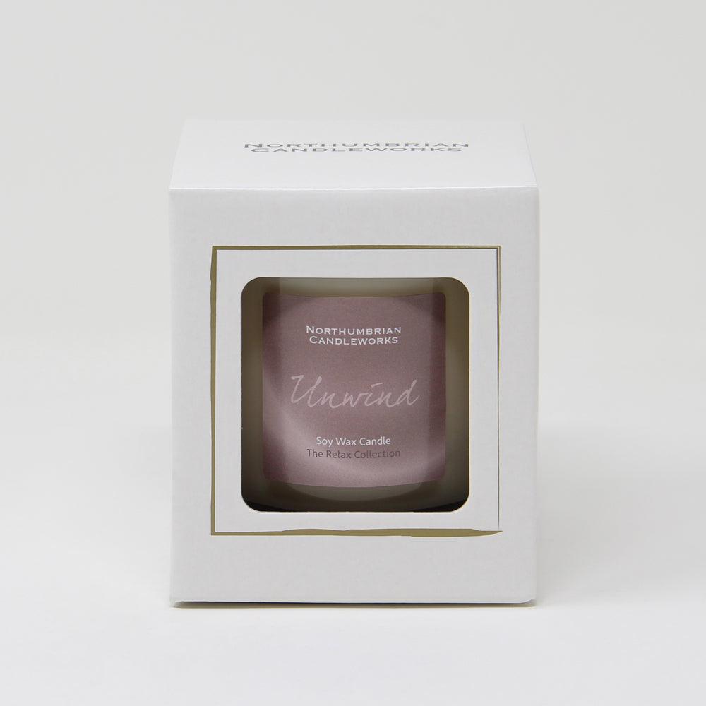 unwind candle in gift box from the relax collection - vanilla and orange