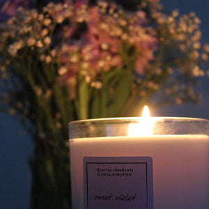 Northumbrian Candleworks - Sweet Violet - Candle in a Glass Jar Lit with Flowers