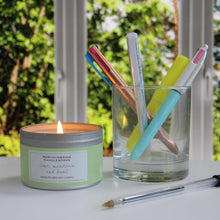 Load image into Gallery viewer, Northumbrian Candleworks - Lime Mandarin &amp; Basil - Candle in a Tin with Pens in Glass
