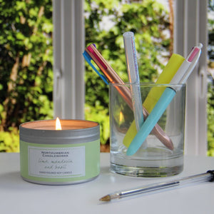 Northumbrian Candleworks - Lime Mandarin & Basil - Candle in a Tin with Pens in Glass