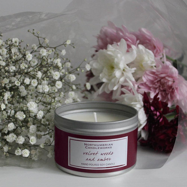 Northumbrian Candleworks - Velvet Woods & Amber - Candle Gift with Flowers