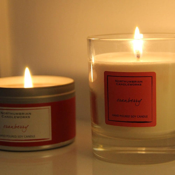 Northumbrian Candleworks - Cranberry - Christmas and Autumn Candle in a Tin with Glass Jar